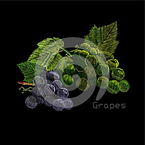 Illustration of embroidery, needlework with a bunch, cluster of grapes with a green leaf. Necklace of traditional