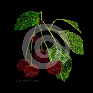 Illustration of embroidery, needlework with a cherry berry with a green leaf. Necklace of traditional ornament