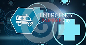 Illustration of emergency number day text and ambulance sign, copy space