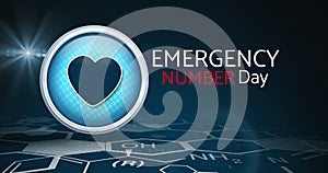 Illustration of emergency number day text with blue heart shape, copy space