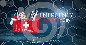 Illustration of emergency number day text and first aid kit, copy space