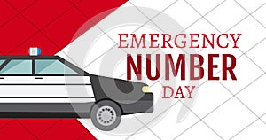 Illustration of emergency number day text and police car, copy space