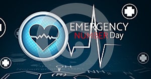 Illustration of emergency number day text with pulse trace and medical signs