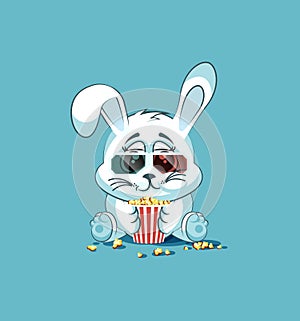 Illustration Emoji character cartoon White leveret chewing popcorn, watching movie in 3D glasses sticker emoticon