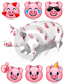 Illustration emoticon pig set cartoon isolated 3d render