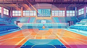 Illustration of an empty basketball court. Modern interior design featuring rings and electronic scoreboards, volleyball photo