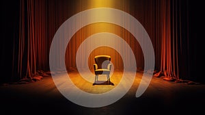 Illustration of an empty chair on a stage of a theater, concert or comedy show lighted by a single spotlight. Generative AI