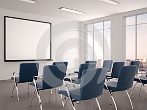 Illustration of empty conference room with a whiteboard for s