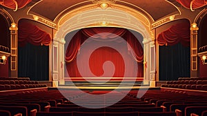 An illustration of empty theater stage with red curtains and seats AI Generated