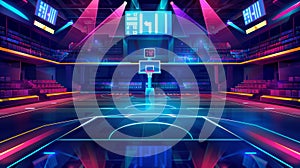 Illustration of an empty tribune seat illuminated with color lights and a scoreboard on a cartoon basketball court.