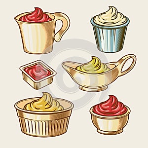 illustration of an engraving style set of different sauces in saucepans.