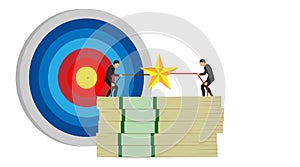 Illustration of entrepreneur competition. a competition of two people fighting over stars on a pile of money against a target