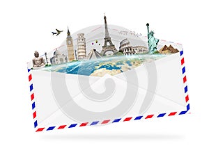 Illustration of an envelope full of famous monument