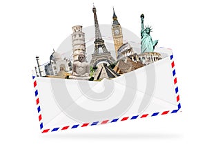 Illustration of an envelope full of famous monument