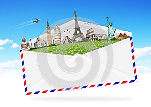 Illustration of an envelope full of famous monument