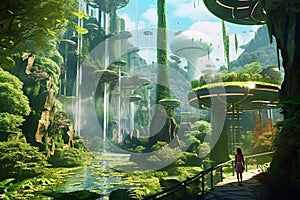 Illustration that envisions a futuristic green city, where sustainable technology and nature harmoniously coexist. Ai generated