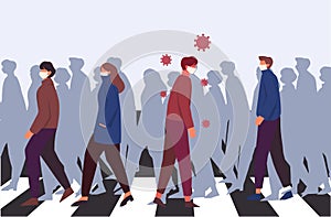 Illustration of epidemic disease sufferer in the middle of a crowd at zebra crossing vector. photo