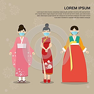 Illustration of epidemics Virus information.Asian national costume women wear mask
