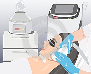 Illustration. Epilation hair removal procedure on a woman’s face. Beautician doing laser rejuvenation in a beauty salon.