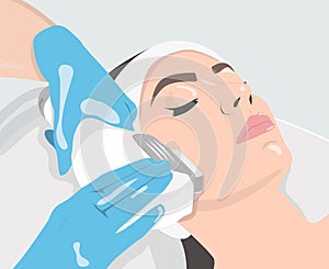 Cosmetologist does lip augmentation procedure of a beautiful woman. Cosmetology concept. vector imageIllustration. photo