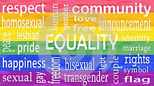 Illustration of Equality word lettering on lgbt flag colors background