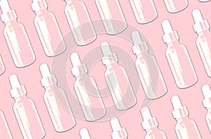 Illustration of essential oil serum glass bottle pattern isolated on pink background. Natural Serums. Cosmetic concept photo