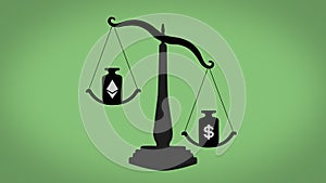 Illustration of ethereum rising up on scale against the dollar. Digital currency and financial investment trade. Bitcoin and