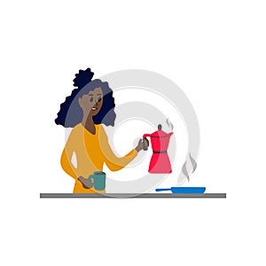 Illustration of an ethnic woman preparing Breakfast. Women prepare coffee and food. The concept of African women when