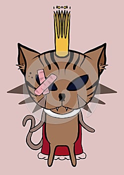 Illustration of an evil bruised cartoon-ish cat king isolated on the pink background