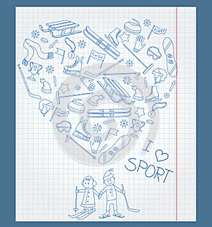 Illustration of the exercise book in a cage with fields and pen drawings on the theme of winter sports