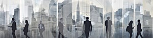 illustration, exhibits with silhouettes of businessmen graphics, ai generative
