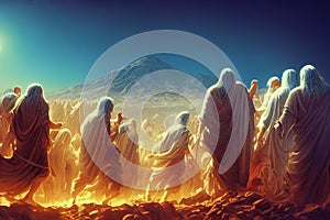 Illustration of the Exodus of the bible, Moses crossing the desert with the Israelites, escape from the Egyptians photo