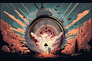 Illustration of an exploding antique clock, conceptual of the passing of finite time. Ai generated