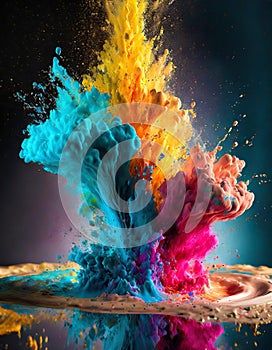 Illustration of explosion of bright colorful paint on dark background, burst of multicolored powder, abstract pattern of colored