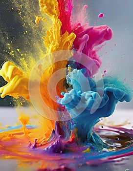 Illustration of explosion of bright colorful paint on dark background, burst of multicolored powder, abstract pattern of colored