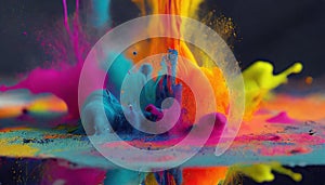 Illustration of explosion of bright colorful paint on dark background, burst of multicolored powder, abstract pattern of colored