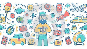 An illustration of an express delivery service concept with a mailman holding a parcel with a bunch of shipping icons