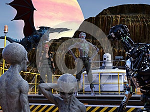 Illustration of an extraterrestrial standing and a woman standing on a mining platform talking to two gray aliens and a large