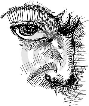 Illustration of eye, nose, frowning eyebrow technique.