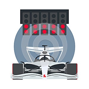 Illustration of a F1 car with a traffic lights on the background of a grey circle. Start of the race