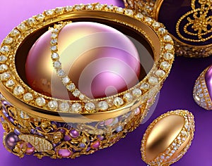 An illustration of FabergÃ© egg with jewels, gold and pearls. Lilac background. Photorealism, extremely detailed, AI Generated photo