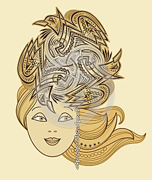 Illustration of fabulous Celtic fairy with fashionable hairstyle. Abstract portrait of beautiful girl ornate by trickle symbol. photo