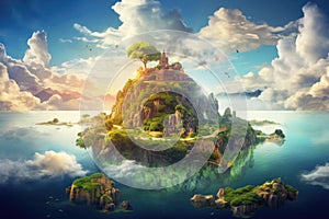 Illustration of a fabulous island with a city in the middle of the ocean and clouds. Generative AI