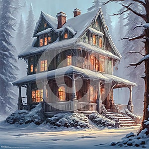 Illustration of a fabulous old big house that stands in the depths of the winter forest