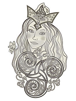 Illustration of fabulous Viking fairy. Abstract portrait of beautiful girl ornate by trickle symbol. Print for decoration, logo,