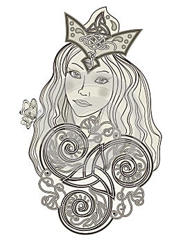 Illustration of fabulous Viking fairy. Abstract portrait of beautiful girl ornate by trickle symbol. Print for decoration, logo, photo