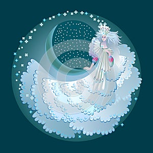 Illustration of fabulous winter fairy. Abstract portrait of beautiful snow queen from fairyland. Print for decoration, logo,