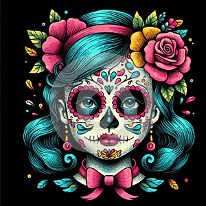 Illustration of face scary painted girl for dia de los muertos temp