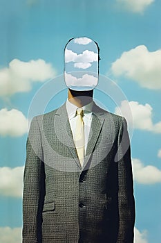 illustration of faceless man in suit with covered face with mirror reflecting blue sky and clouds. Mental health psychology