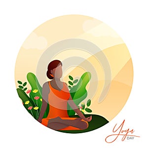Illustration of a faceless woman doing Asana (Yoga) for International Yoga Day on abstract background for poster or banner. Space